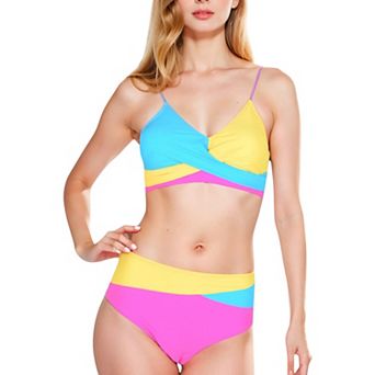 Women's Colorblock Bikini Set with Crisscross Wrap Top and High Waist Bottoms