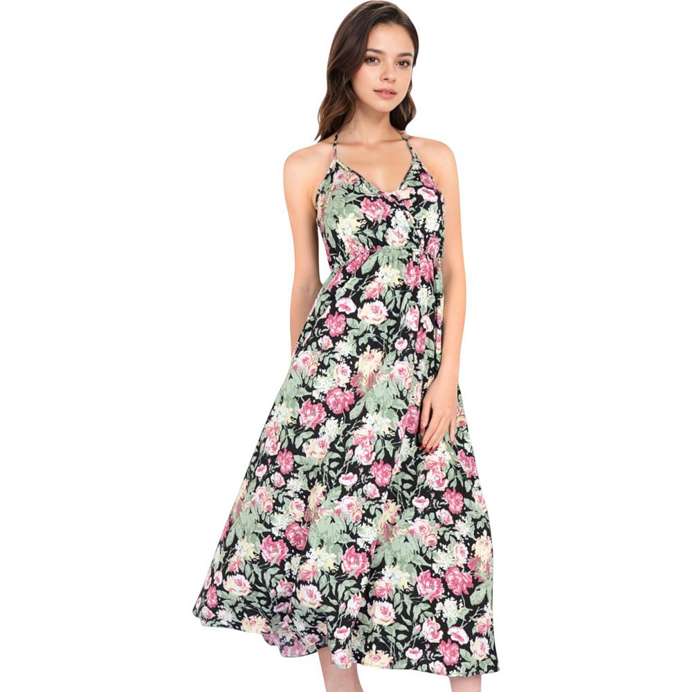 Mesh Flower Print Spaghetti Strap Lace Up Back Bodycon Maxi Dress - Brown