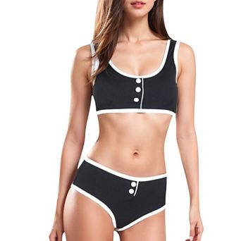 Women's Sporty Contrast Trim Bikini Set with Button Detail and High-Waisted Bottoms