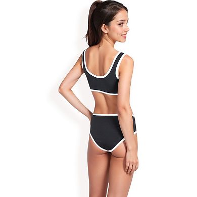 Women's Sporty Contrast Trim Bikini Set with Button Detail and High-Waisted Bottoms