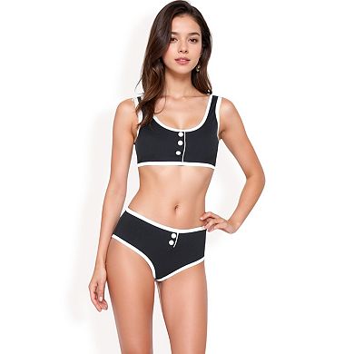 Women's Sporty Contrast Trim Bikini Set with Button Detail and High-Waisted Bottoms