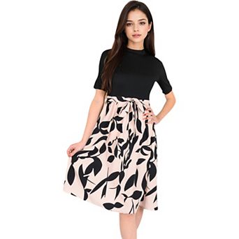 Women's High Neck Short Sleeve Dress with Contrast Leaf Print A-Line Skirt and Tie Waist