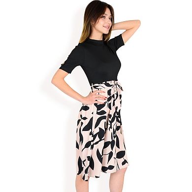 Women's High Neck Short Sleeve Dress with Contrast Leaf Print A-Line Skirt and Tie Waist