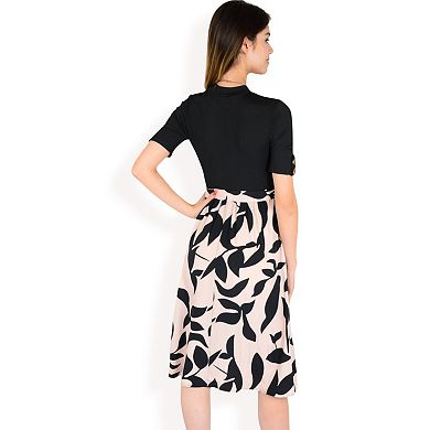 Women's High Neck Short Sleeve Dress with Contrast Leaf Print A-Line Skirt and Tie Waist