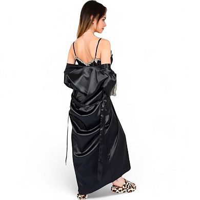 Women's Satin Long Robe and Lace Trim Nightgown Set