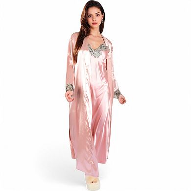 Women's Satin Long Robe and Lace Trim Nightgown Set