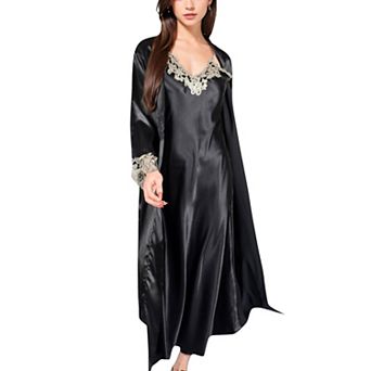 Women's Satin Long Robe and Lace Trim Nightgown Set