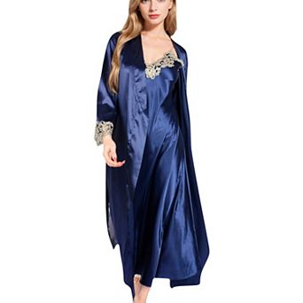Women's Satin Long Robe and Lace Trim Nightgown Set