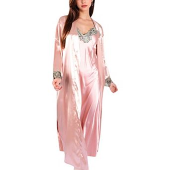 Women's Satin Long Robe and Lace Trim Nightgown Set