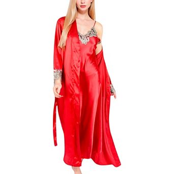 Women's Satin Long Robe and Lace Trim Nightgown Set
