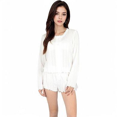 Women's Ribbed Knit Lounge Set with Button-Up Cardigan, Bralette, and High Waist Shorts