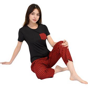 Women's Holiday Plaid Pajama Set with Short Sleeve Tie-Front Top and Elastic Waist Pants
