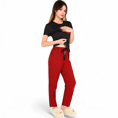 Women's Holiday Plaid Pajama Set with Short Sleeve Tie-Front Top and Elastic Waist Pants