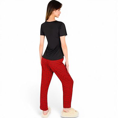 Women's Holiday Plaid Pajama Set with Short Sleeve Tie-Front Top and Elastic Waist Pants