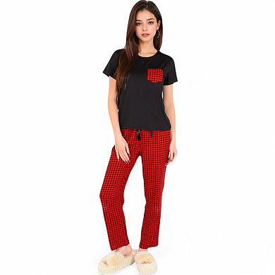 Women's Holiday Plaid Pajama Set with Short Sleeve Tie-Front Top and Elastic Waist Pants