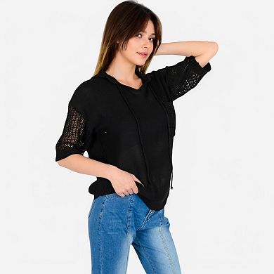Women's Textured Knit Hooded Pullover with Short Sleeves and Drawstring Detail