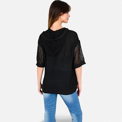Women's Textured Knit Hooded Pullover with Short Sleeves and Drawstring Detail