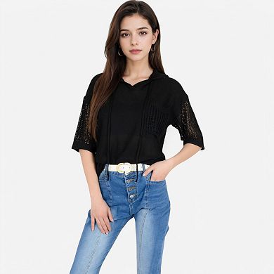 Women's Textured Knit Hooded Pullover with Short Sleeves and Drawstring Detail