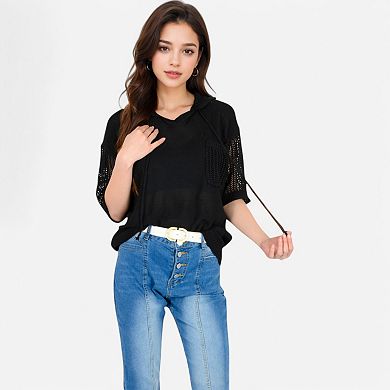 Women's Textured Knit Hooded Pullover with Short Sleeves and Drawstring Detail
