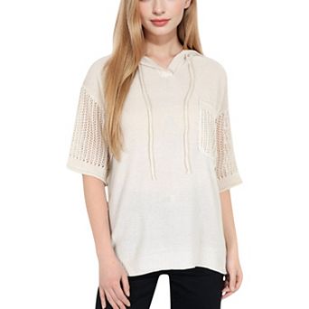 Women's Textured Knit Hooded Pullover with Short Sleeves and Drawstring Detail