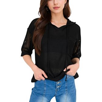 Women's Textured Knit Hooded Pullover with Short Sleeves and Drawstring Detail