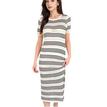 Women's Striped Knit Midi Dress with Side Slit
