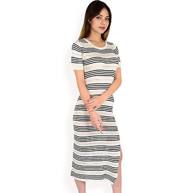 Women's Striped Knit Midi Dress with Side Slit