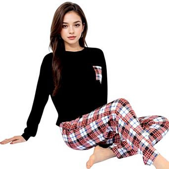 Women's Plaid Pajama Set with Long Sleeve Pocket Top and Relaxed Fit Elastic Waist Pants