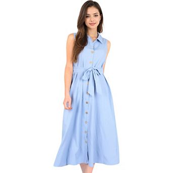 Women's Sleeveless Button-Down Midi Dress with Waist Tie and Collared Neckline