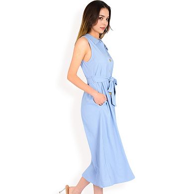 Women's Sleeveless Button-Down Midi Dress with Waist Tie and Collared Neckline