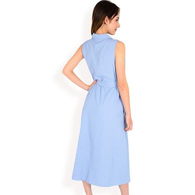 Women's Sleeveless Button-Down Midi Dress with Waist Tie and Collared Neckline