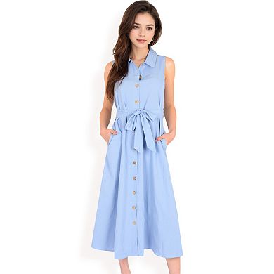 Women's Sleeveless Button-Down Midi Dress with Waist Tie and Collared Neckline