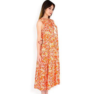Women's Sleeveless Tiered Maxi Dress with Vibrant Abstract Print and Tassel Tie Detail