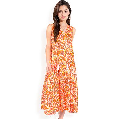 Women's Sleeveless Tiered Maxi Dress with Vibrant Abstract Print and Tassel Tie Detail