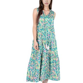 Women's Sleeveless Tiered Maxi Dress with Vibrant Abstract Print and Tassel Tie Detail