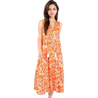 Women's Sleeveless Tiered Maxi Dress with Vibrant Abstract Print and Tassel Tie Detail
