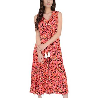 Women's Sleeveless Tiered Maxi Dress with Vibrant Abstract Print and Tassel Tie Detail