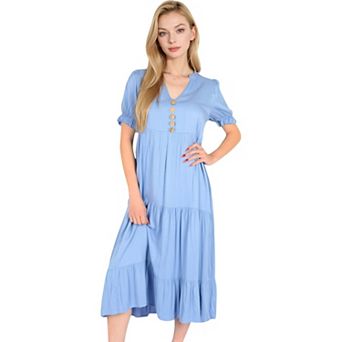 Women's Puff Sleeve Tiered Midi Dress with Button Front Detail and Smocked Cuffs