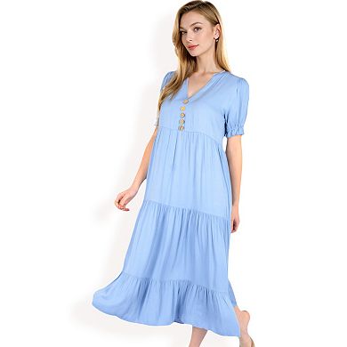 Women's Puff Sleeve Tiered Midi Dress with Button Front Detail and Smocked Cuffs