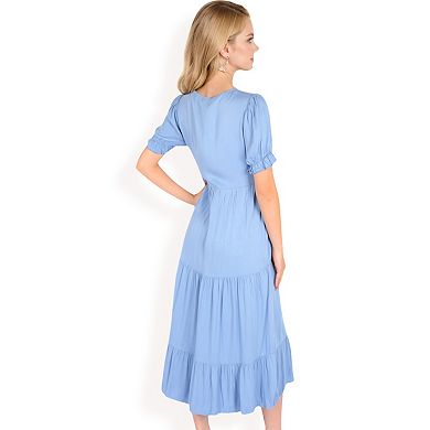 Women's Puff Sleeve Tiered Midi Dress with Button Front Detail and Smocked Cuffs