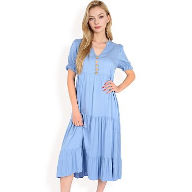 Women's Puff Sleeve Tiered Midi Dress with Button Front Detail and Smocked Cuffs