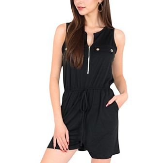 Women's Sleeveless Zip Front Romper with Pocket Details and Elastic Waist