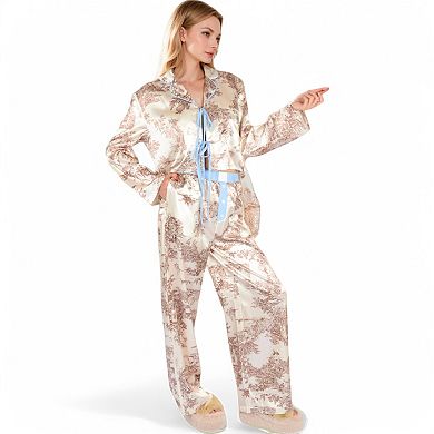 Women's Toile Print Satin Pajama Set with Ribbon Tie and Wide-Leg Pants