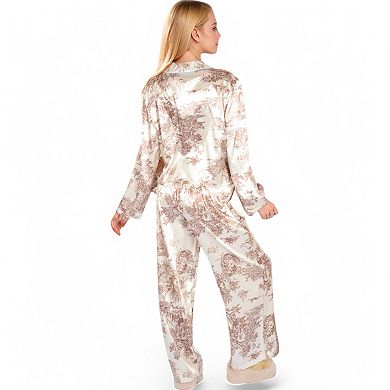 Women's Toile Print Satin Pajama Set with Ribbon Tie and Wide-Leg Pants
