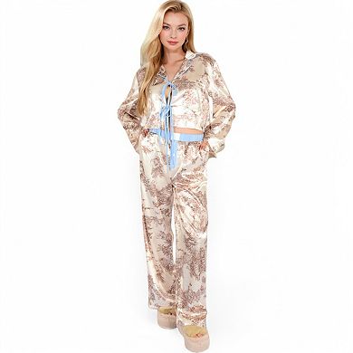 Women's Toile Print Satin Pajama Set with Ribbon Tie and Wide-Leg Pants