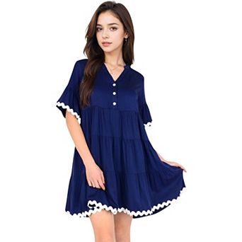 Women's Tiered Mini Dress with Button Front Flutter Sleeves Contrast Trim Details