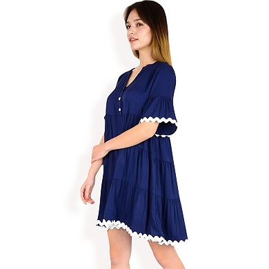 Women's Tiered Mini Dress with Button Front Flutter Sleeves Contrast Trim Details