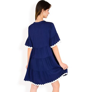 Women's Tiered Mini Dress with Button Front Flutter Sleeves Contrast Trim Details
