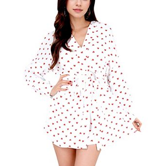 Women's Heart Print Lounge Set with Open Front Shirt, Tie Waist Shorts, and Matching Belt