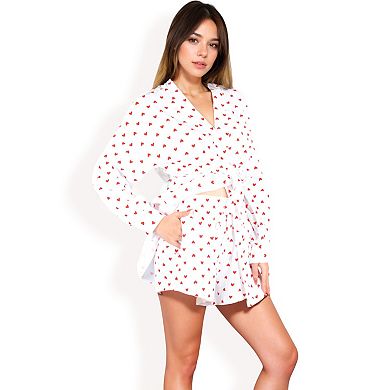 Women's Heart Print Lounge Set with Open Front Shirt, Tie Waist Shorts, and Matching Belt